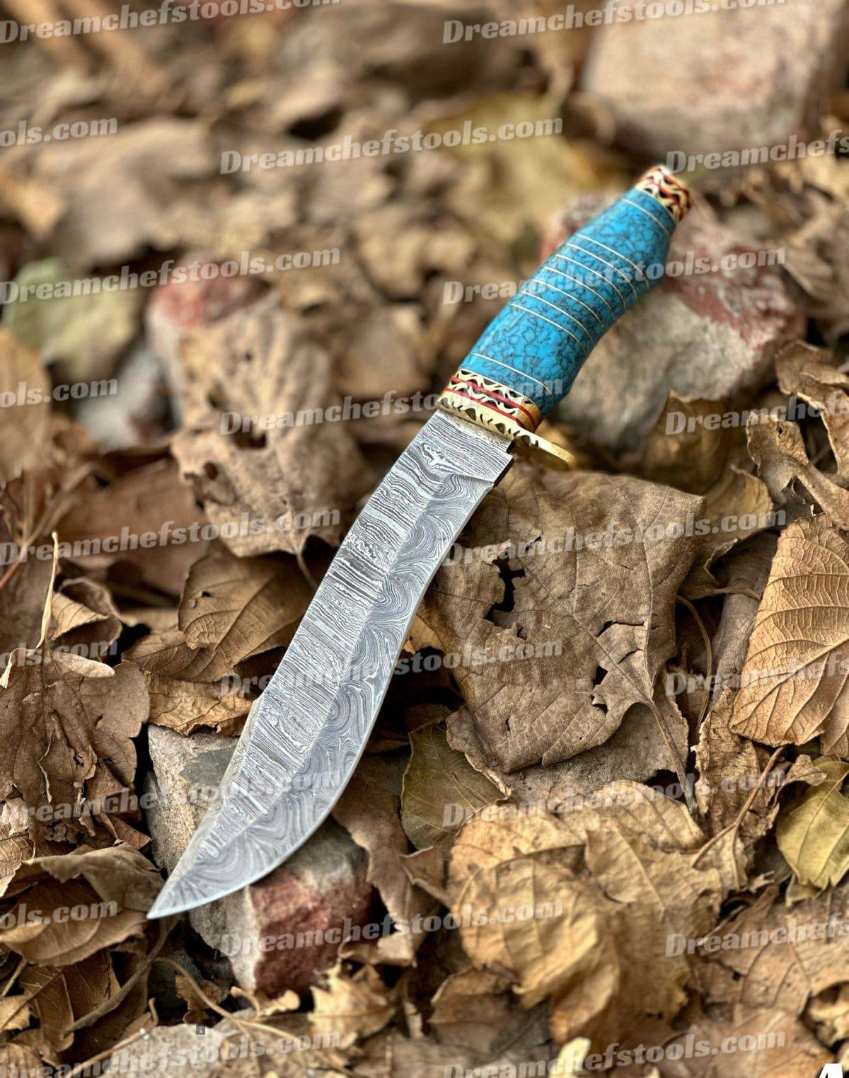 Hunting Bowie knife by Knives Gear Garage with a sharp steel blade and wooden handle, ideal for outdoor survival and hunting.