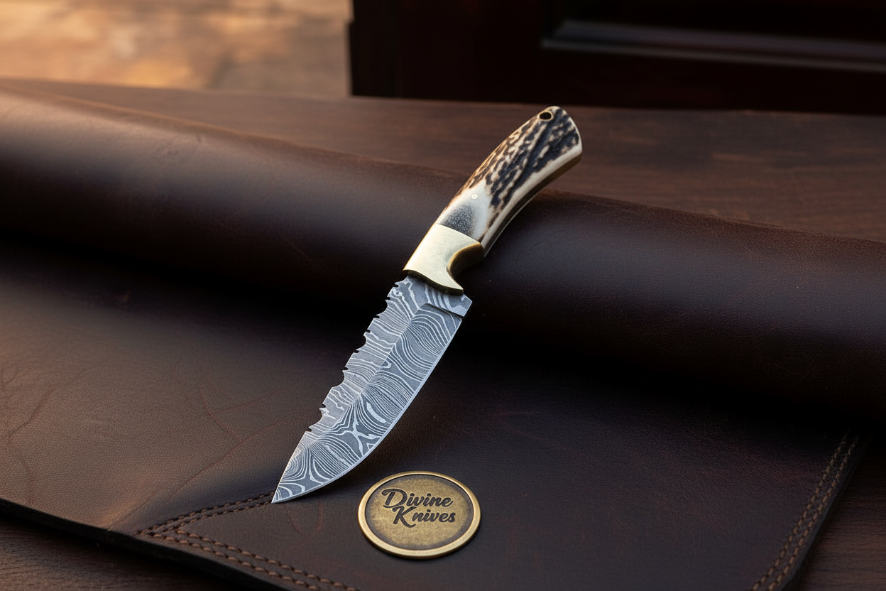 Damascus Antler Sawback Hunter Knife with Genuine Stag Handle