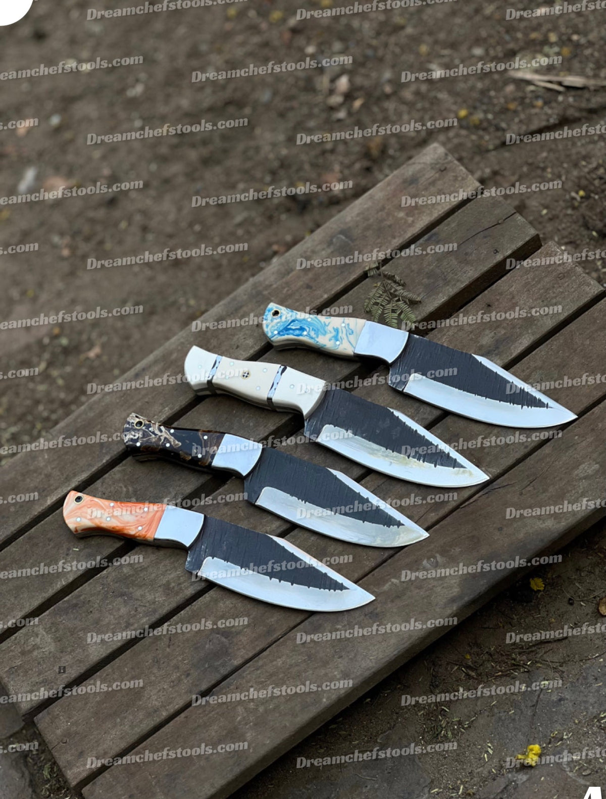 Custom handmade J2 steel hunting knives from Knives Gear Garage, featuring detailed blades and ergonomic handles.