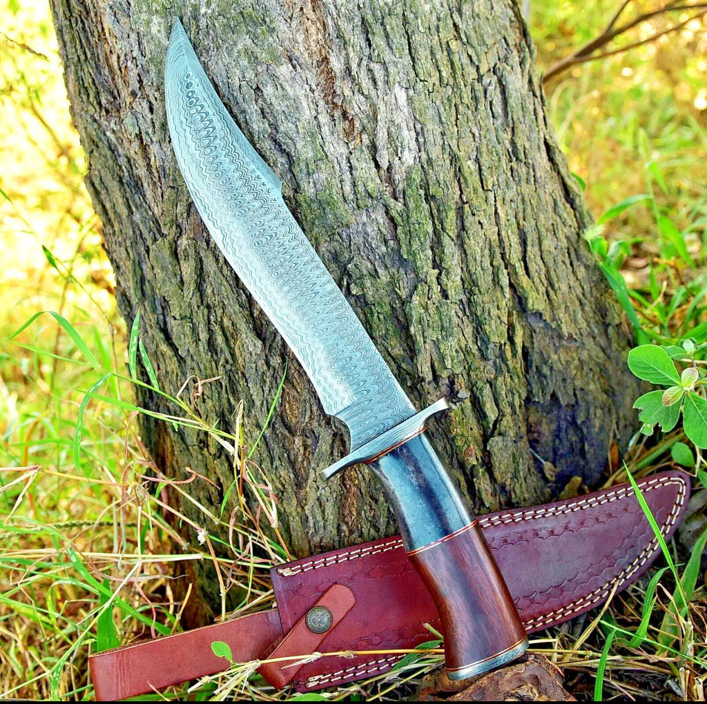 Premium handmade Damascus steel Bowie knife with rosewood and colored bone handle, Damascus steel guard, leather sheath included.