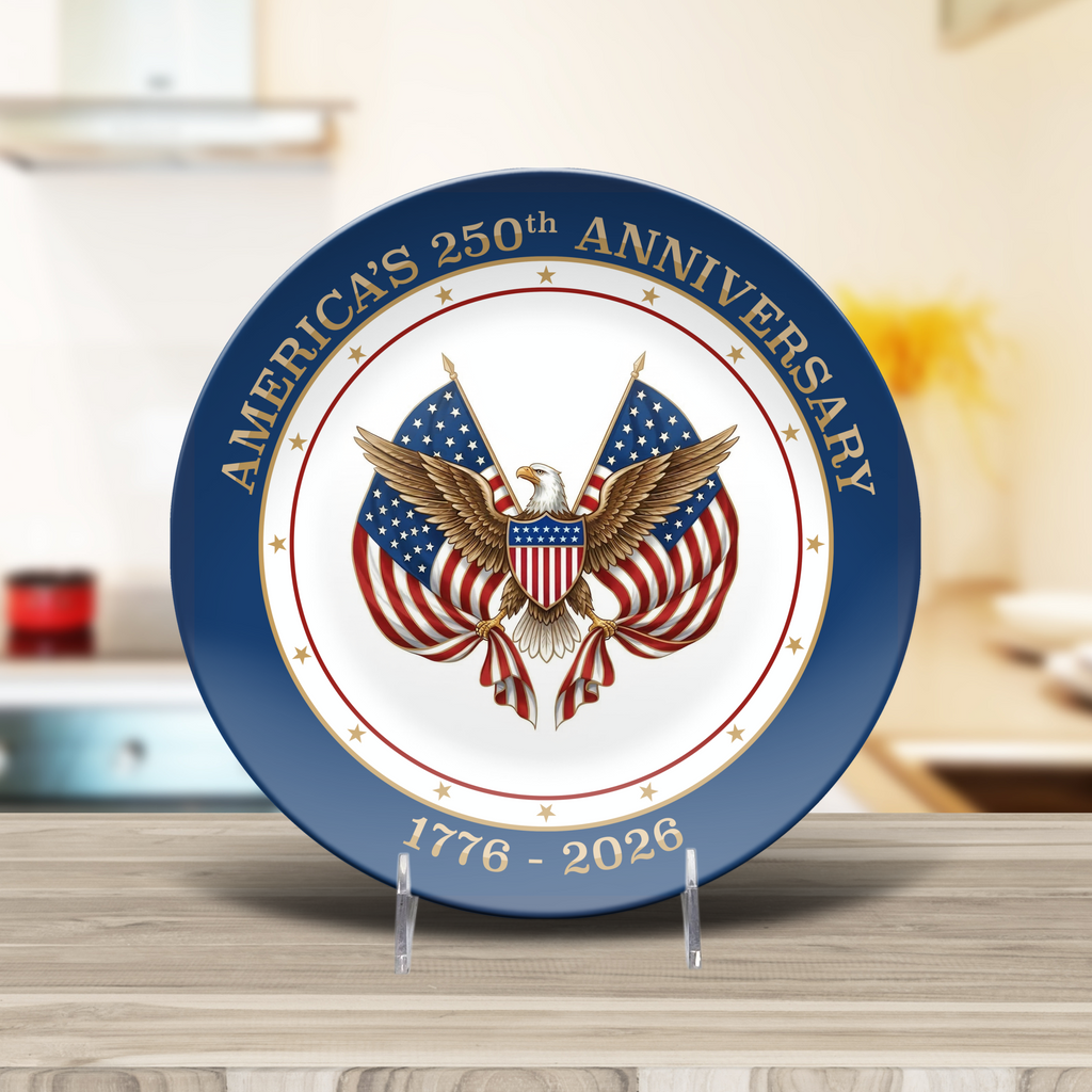 Proud Patriots America's 250th Anniversary 1776-2026 decorative plate with patriotic design and commemorative inscription.