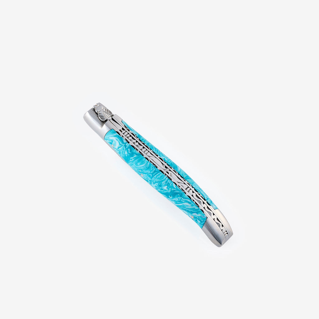 Laguiole en Aubrac Handcrafted Luxury Double Plates Multipurpose Knife with Larimar Handle, 4.75-inches