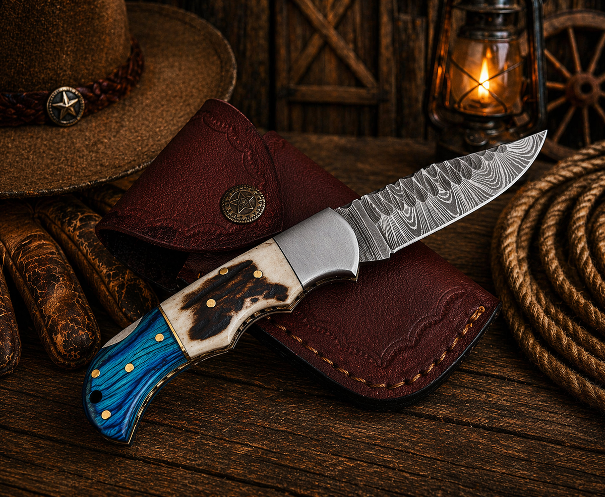 SHAM KNIVES Damascus pocket knife with engraved blade, stag horn and blue Pakka wood handle, foldable and handcrafted.