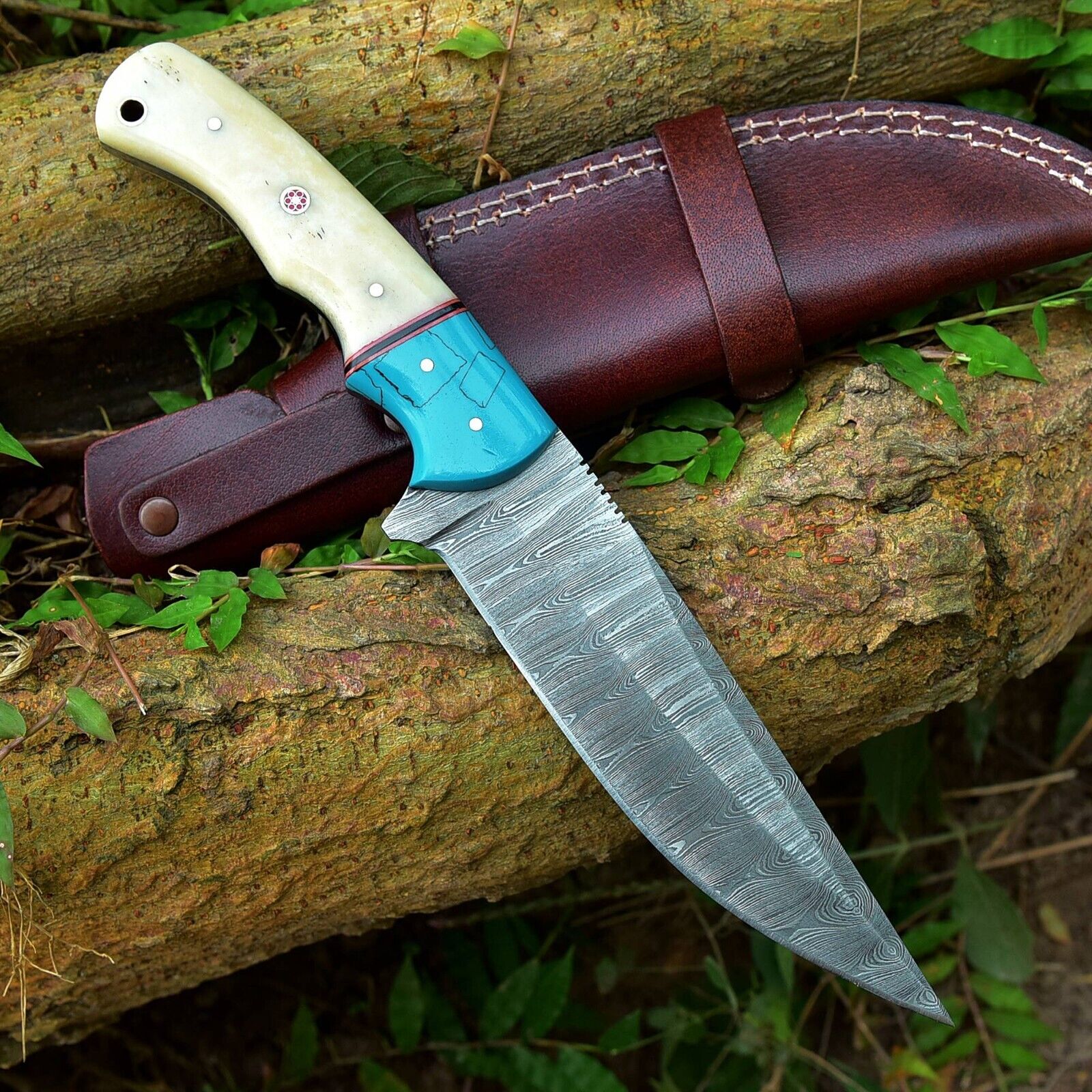 Custom Handmade 10" Damascus Steel Hunting Knife with Camel Bone and Resin Handle | Includes Leather Sheath