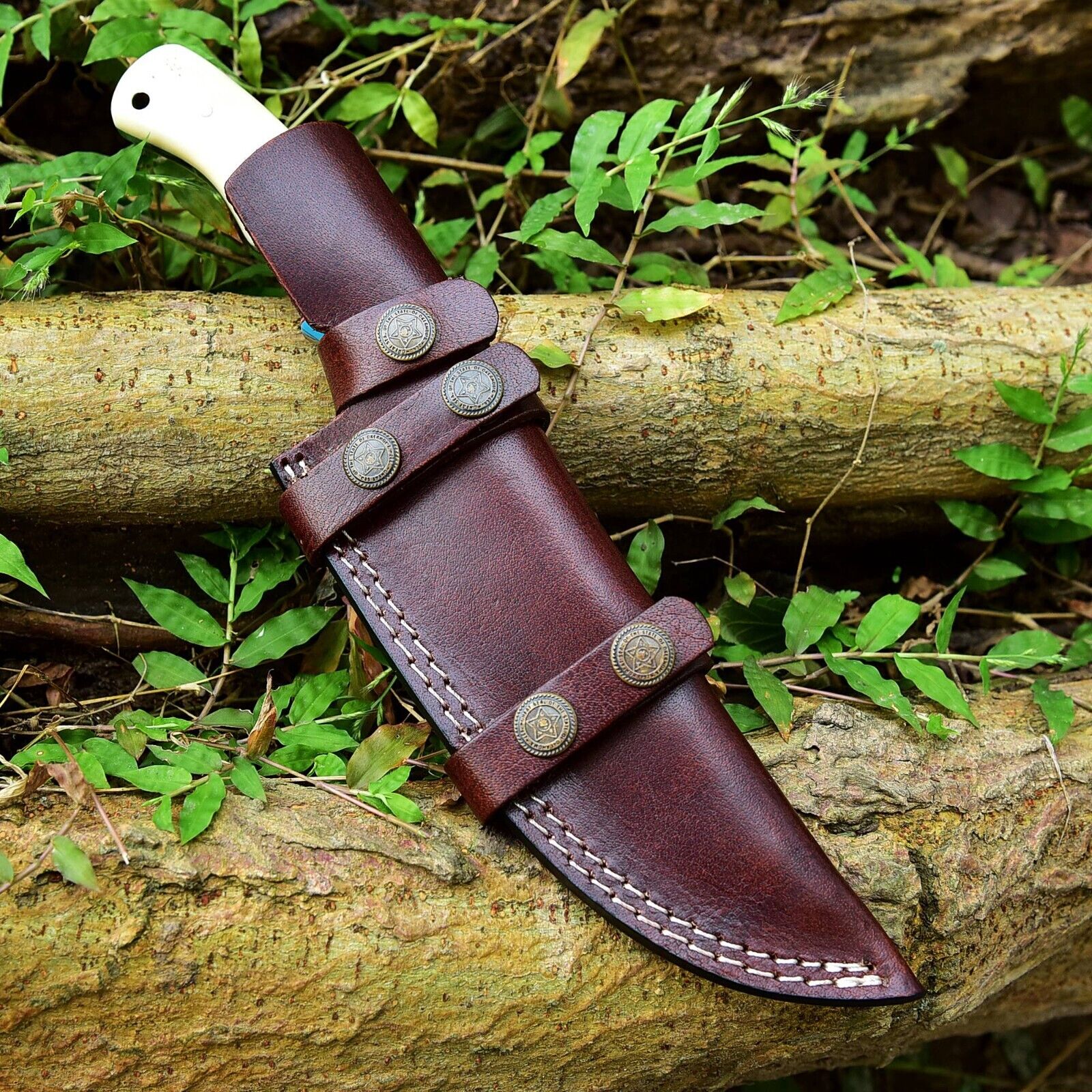 Custom Handmade 10" Damascus Steel Hunting Knife with Camel Bone and Resin Handle | Includes Leather Sheath