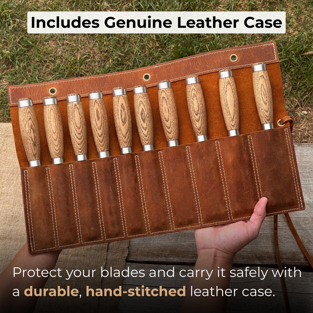 10-Piece Wood Carving Chisel Set in a genuine leather case - Sharky Forged Steel Tools