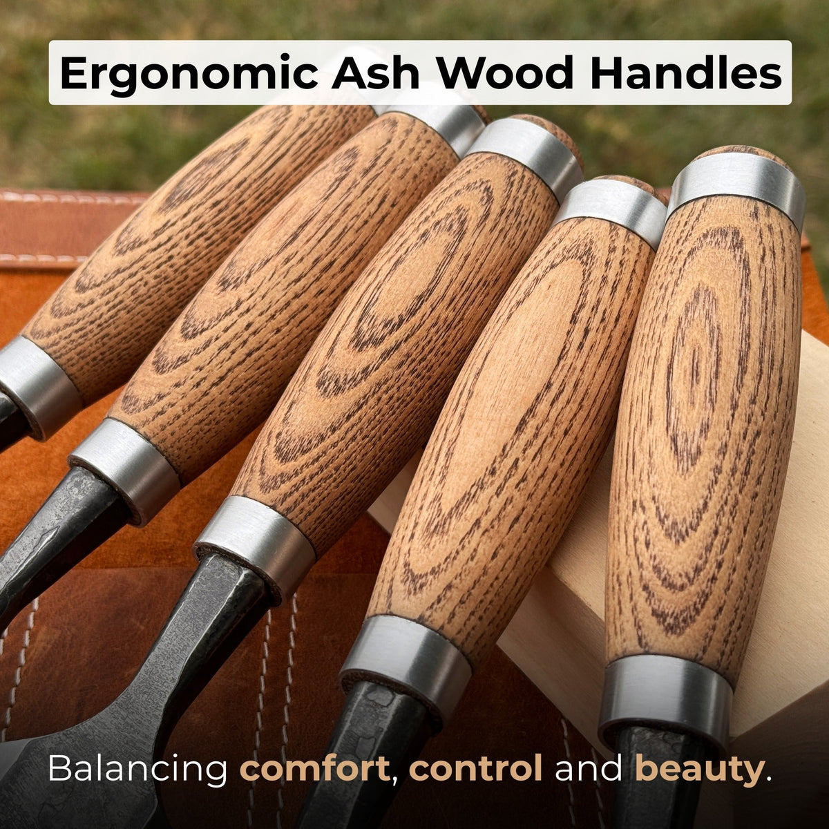 10-Piece Wood Carving Chisel Set with ergonomic ash wood handles - Sharky Forged Steel Tools