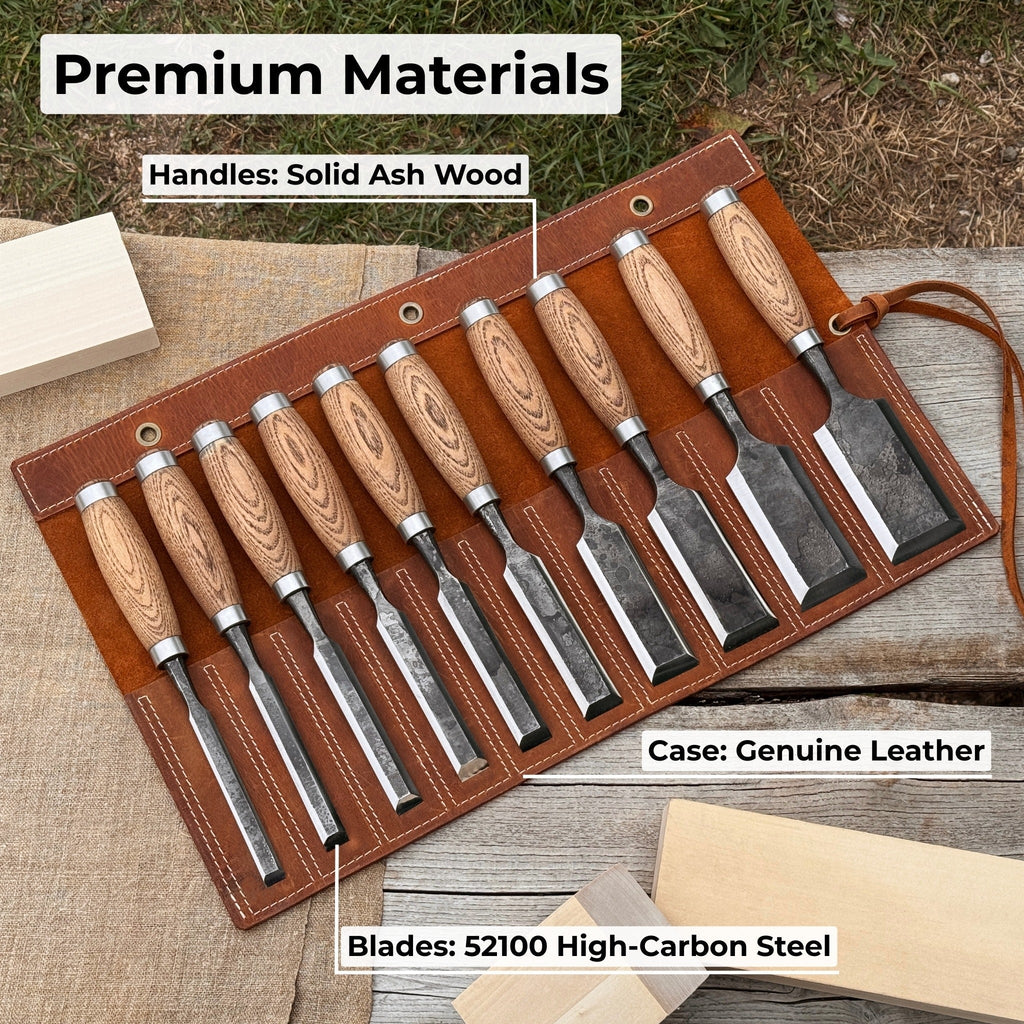 Sharky Forged Steel Tools 10-Piece Wood Carving Chisel Set with ash wood handles - Relic & Reel