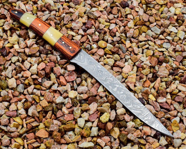 Custom Handmade Damascus Fillet Knife with Bone and Rosewood Handle - 10.5" Overall Length with Leather Sheath