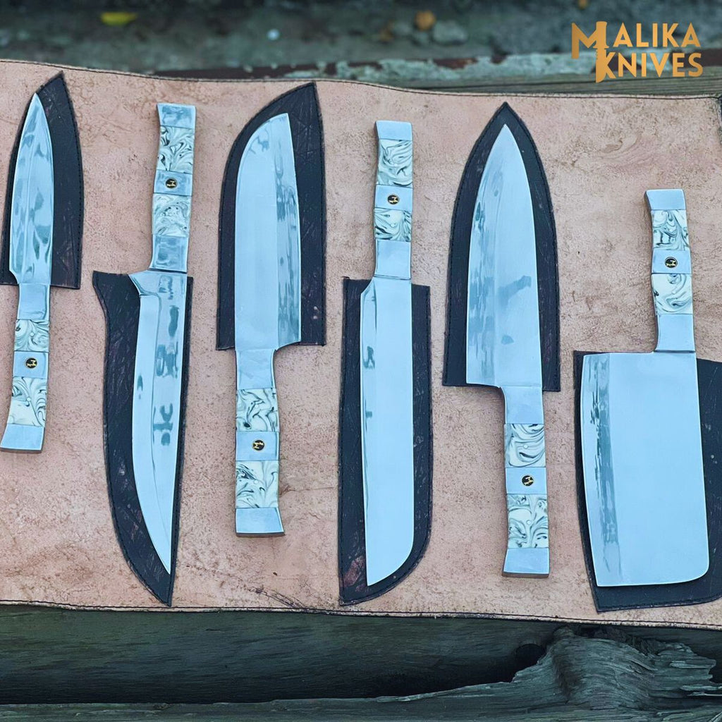 Malika Ultimate Kitchen Knife Set: Premium Black & white Collection with Custom Leather Carrying Case -0205