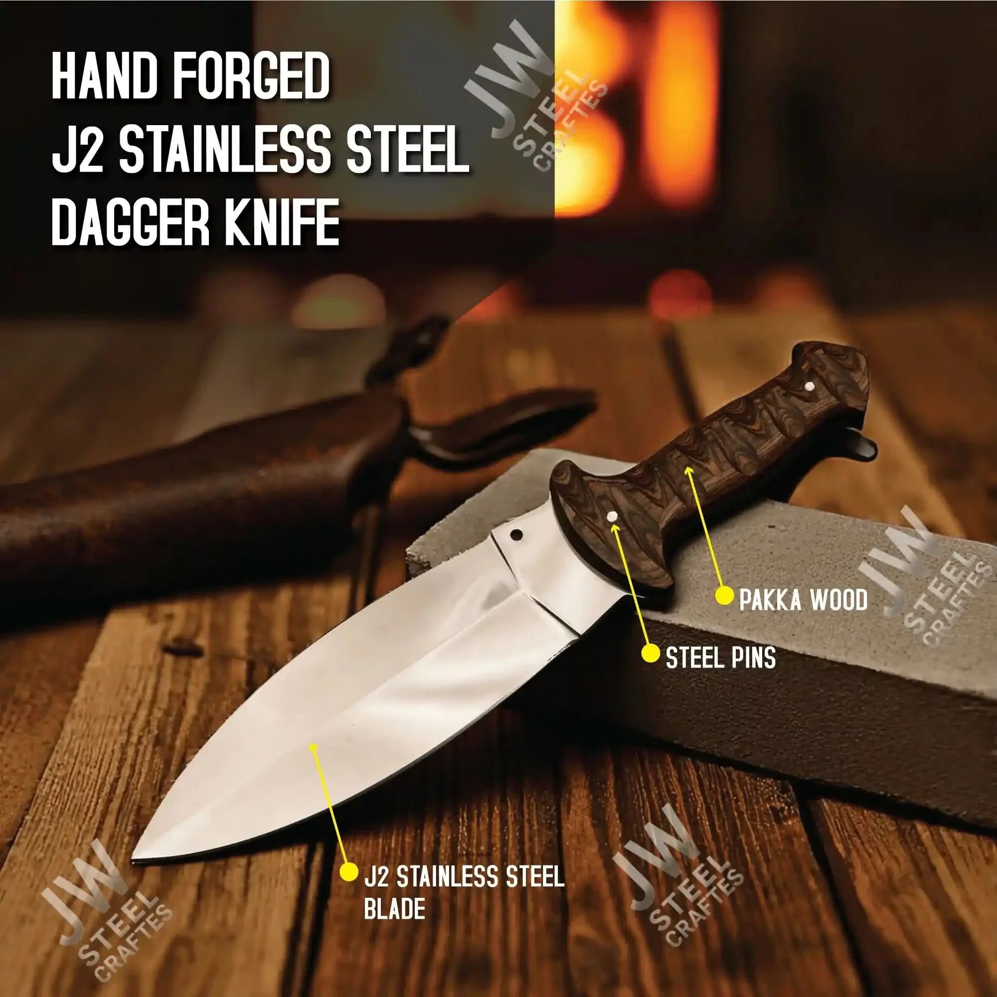 Handcrafted J2 Stainless Steel Boot Knife Pakka Wood Handle Leather Sheath 13.5" Hunting Blade