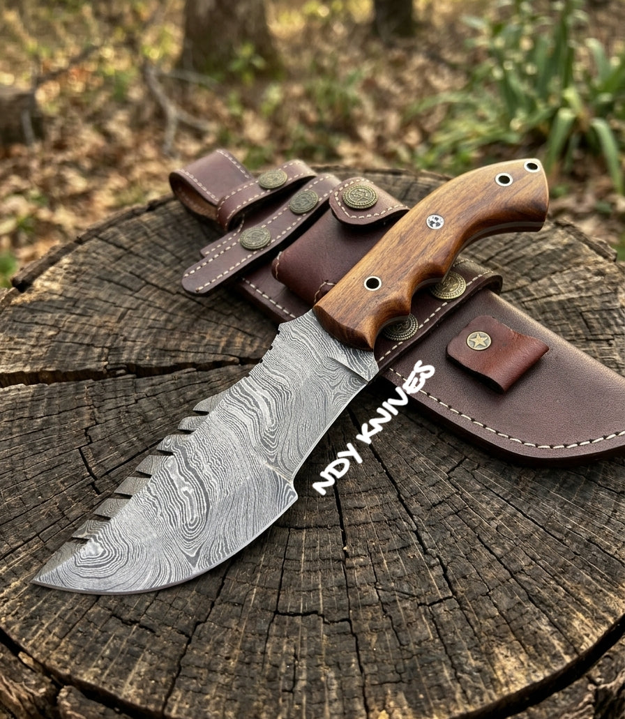 10.5" Damascus Steel Tracker Knife – Fixed Blade Rosewood Handle