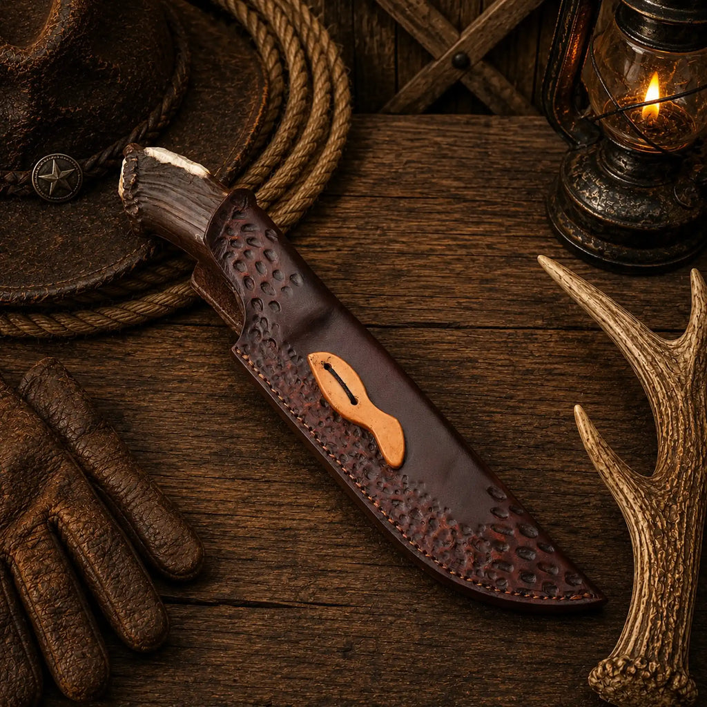 Stoneforge Viking Bowie Knife by SHAM KNIVES with 1095 carbon steel blade and stag horn handle for outdoor or collection use.