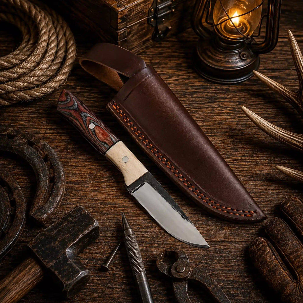 SHAM KNIVES full tang drop point hunting knife with 1095 high carbon steel blade for outdoor camping and hunting use