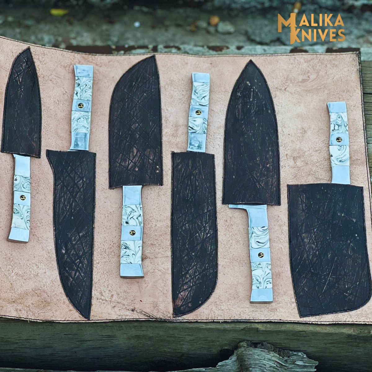 Malika Ultimate Kitchen Knife Set: Premium Black & white Collection with Custom Leather Carrying Case -0205