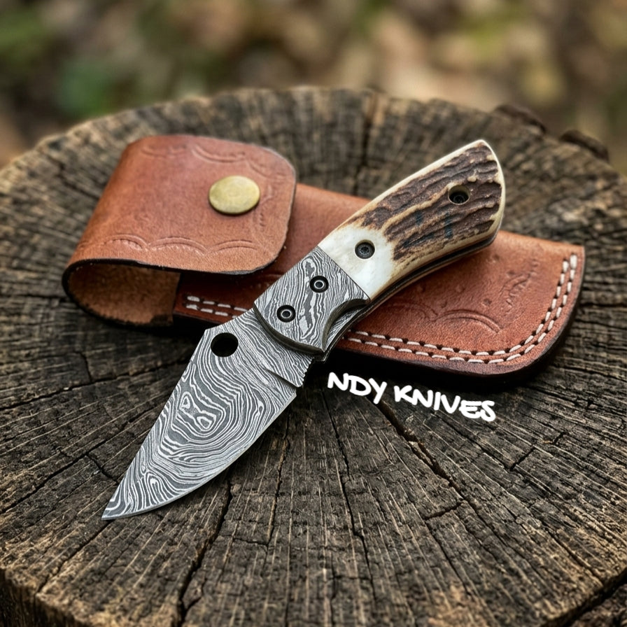 3" Damascus Folding Pocket Knife – Staghorn Handle & Bolster