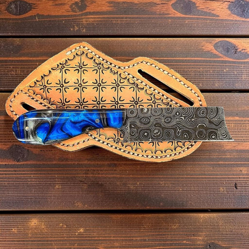 The Thunderhead – Custom Handmade Raindrop Damascus Steel Bull Cutter Knife with Epoxy Resin Handle & Leather Sheath