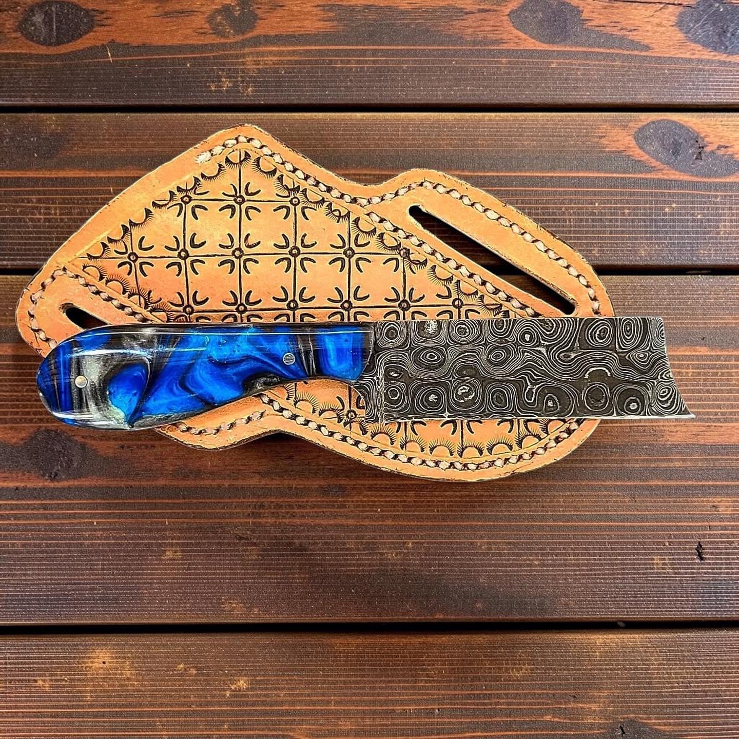 The Thunderhead – Custom Handmade Raindrop Damascus Steel Bull Cutter Knife with Epoxy Resin Handle & Leather Sheath