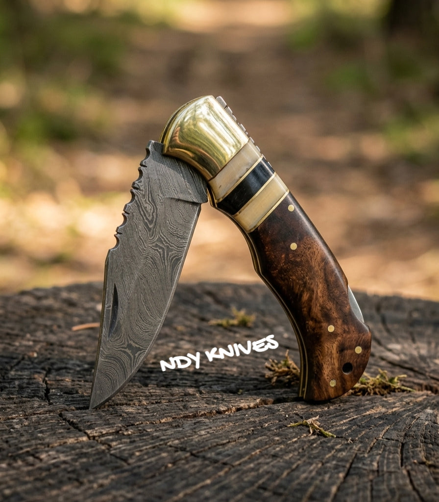 3.5" Damascus Lockback Folding Knife – Walnut & Bone Handle