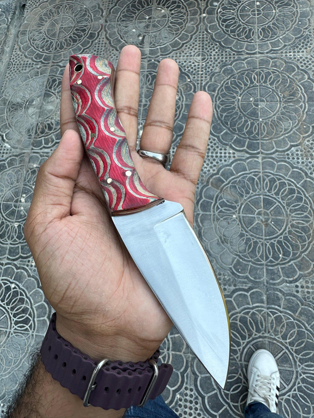 Custom handmade D2 steel hunting knife with wooden handle and leather sheath from Knives Gear Garage.