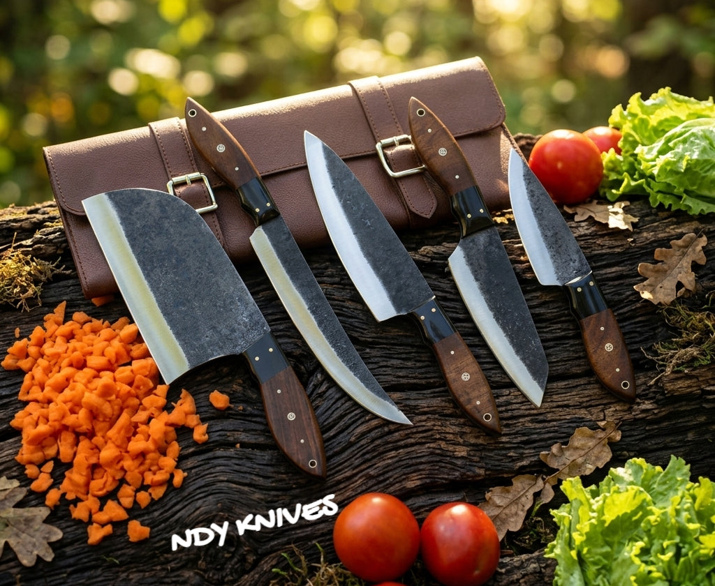 5-Piece High-Carbon Chef Knife Set – Forged Knife Set Rosewood Bull Horn Handles