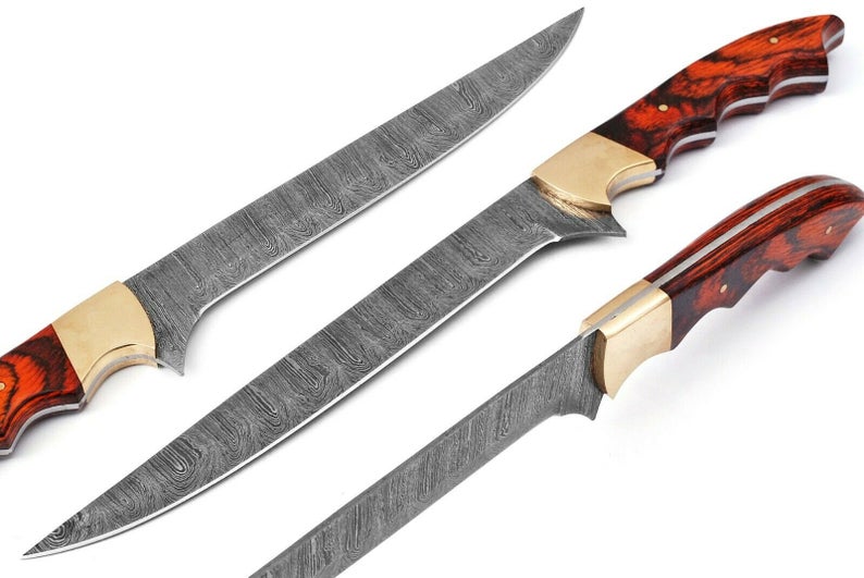 Custom Handmade Damascus Fillet Knife - 12" with Exotic Wood Handle and Brass Bolster