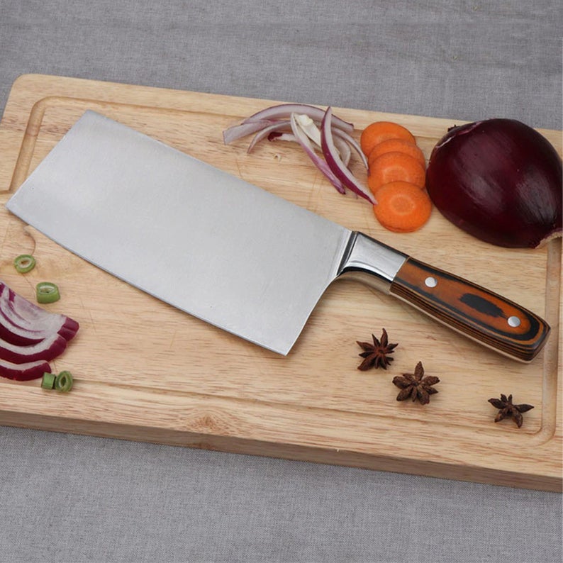 Custom Handmade 1095 Steel Cleaver Knife – 12.5" Butcher’s Essential with Exotic Wood Handle, Steel Bolster & Leather Sheath