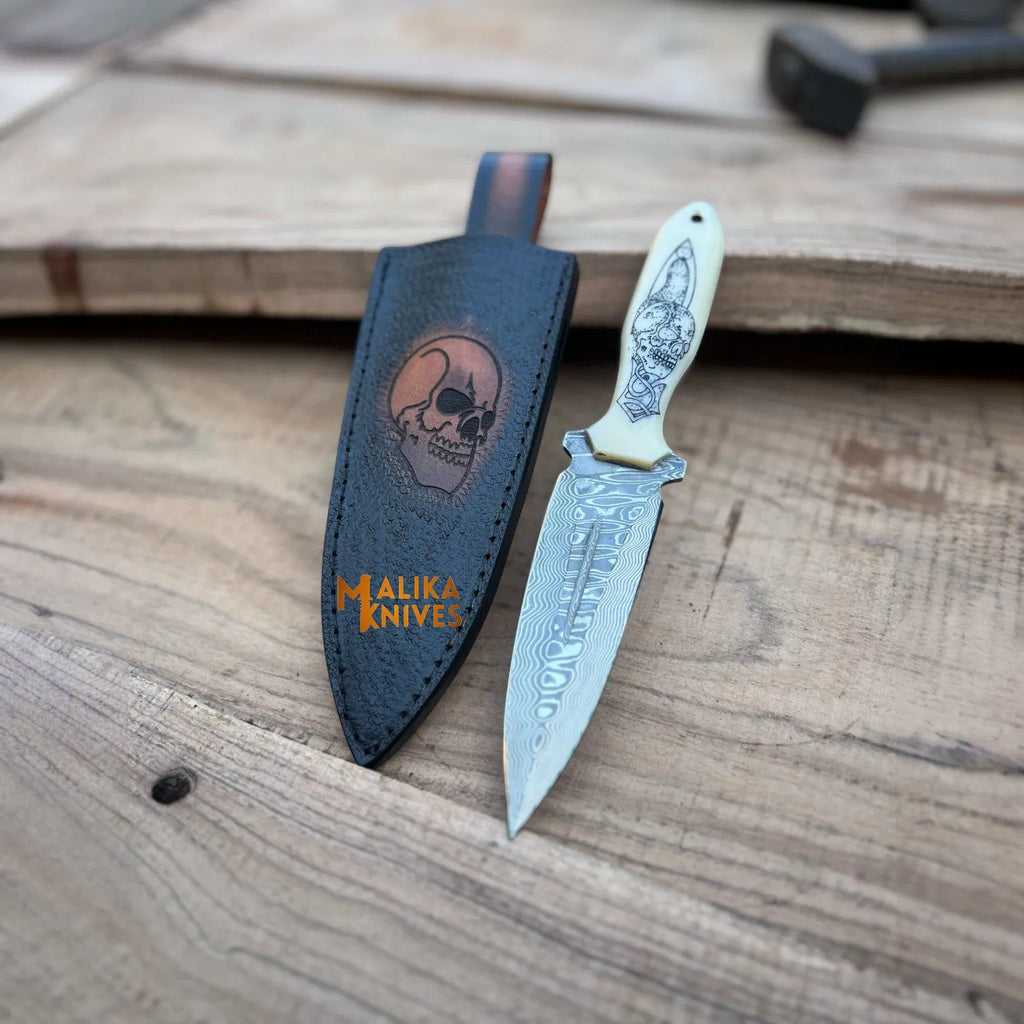 Custom Hunting Dagger Knife – Skull Engraved Camel Bone Handle