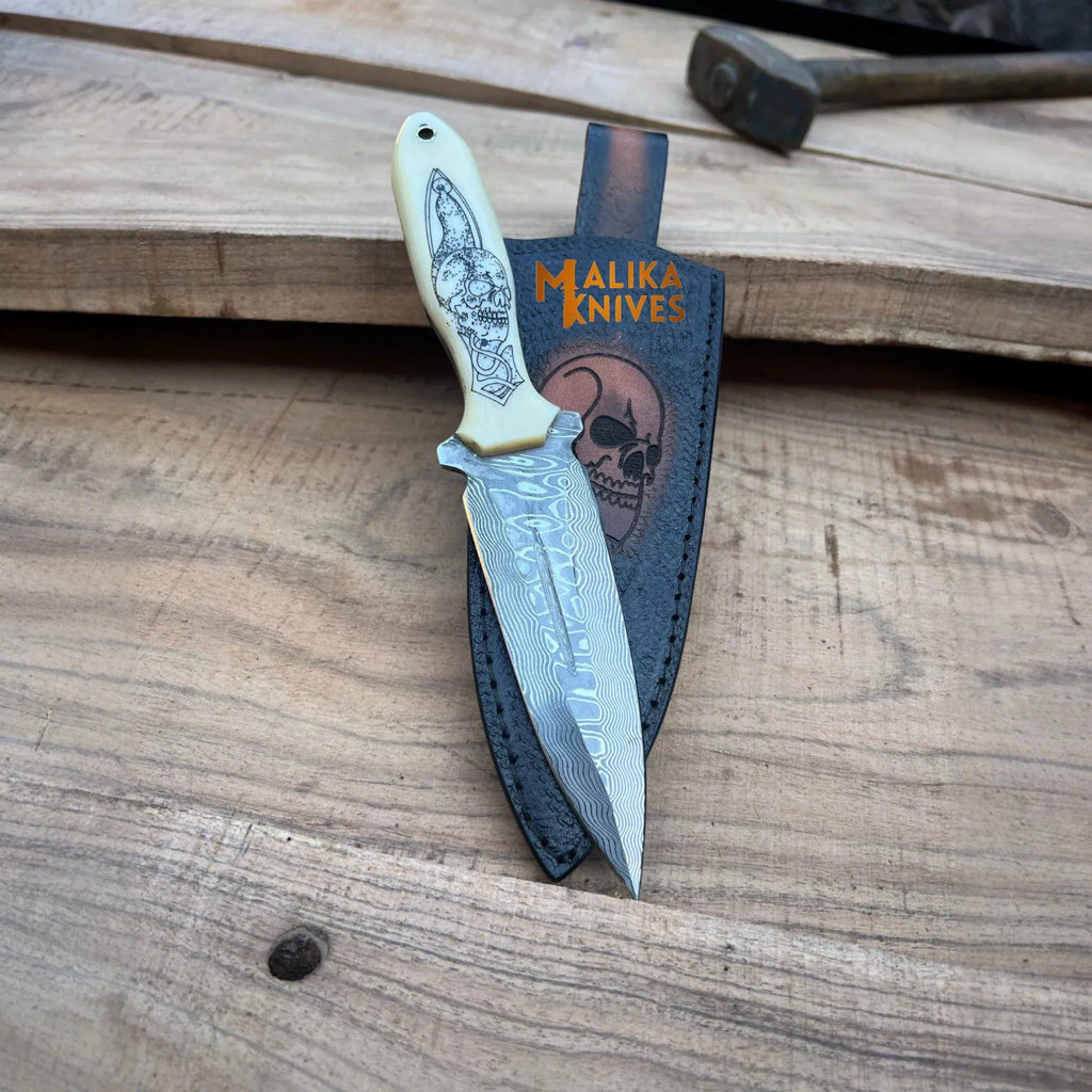 Custom Hunting Dagger Knife – Skull Engraved Camel Bone Handle