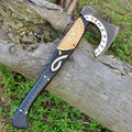 Custom forged handmade carbon steel Viking axe with wood handle and leather sheath, ideal for woodworking or outdoor use.