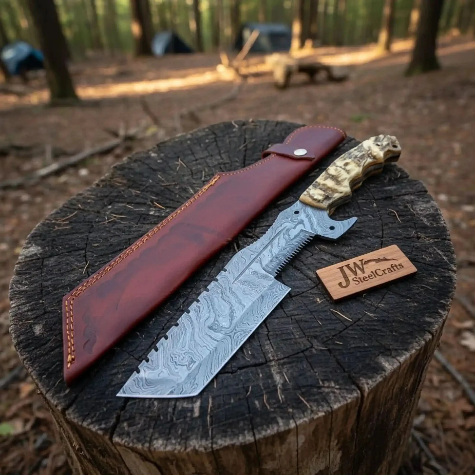 12.5" Full Tang Damascus Camotrail Tracker Knife Ram's Horn Leather Sheath