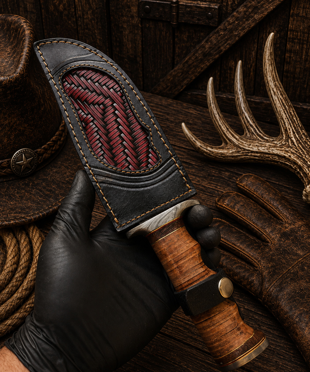 Ironhide Legend Bowie Knife – Damascus Steel & Stacked Leather Handle
