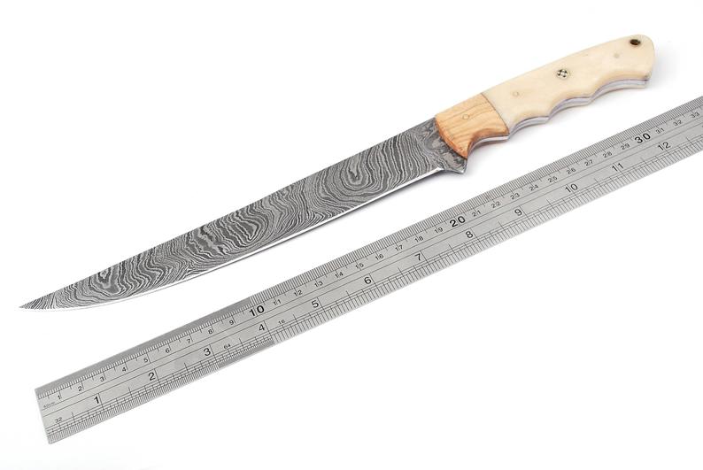Custom Handmade 13-Inch Damascus Fillet Knife with Olive Wood and Bone Handle, Leather Sheath Included