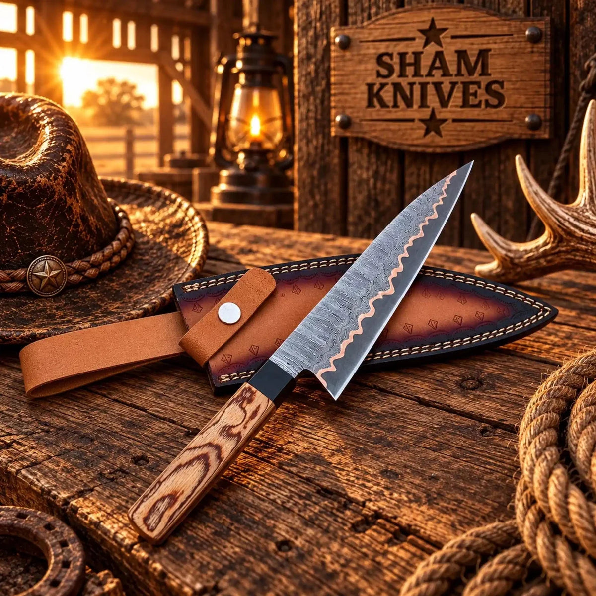 13" Copper Damascus steel chef knife with exotic wood handle - SHAM KNIVES | Relic & Reel