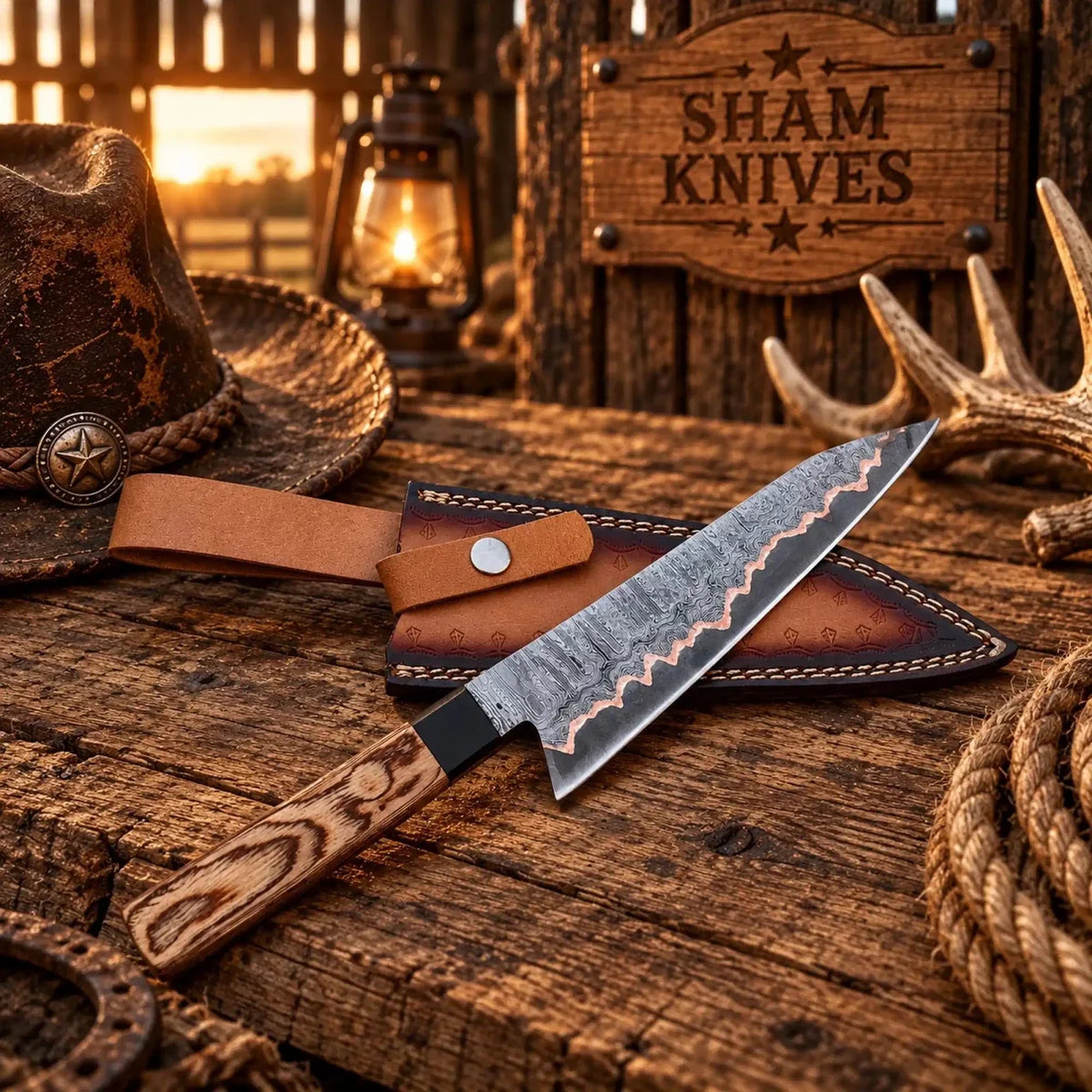 13 inch Copper Damascus steel chef knife with exotic wood handle - Relic & Reel