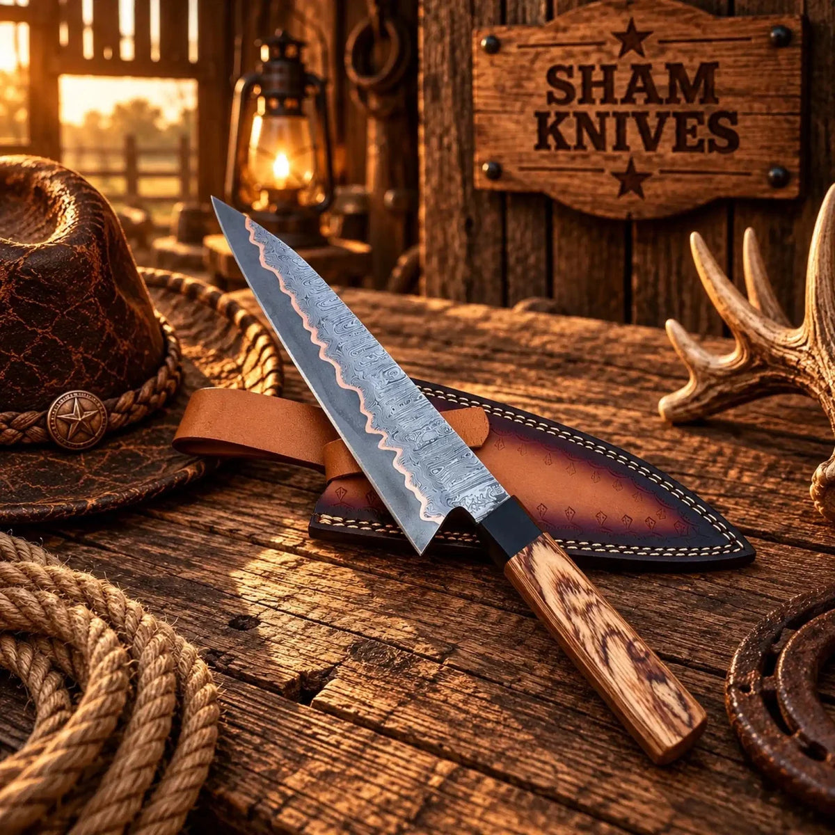 SHAM KNIVES 13″ Exotic Wood Handle Copper Damascus Kitchen Chef Knife | Relic & Reel