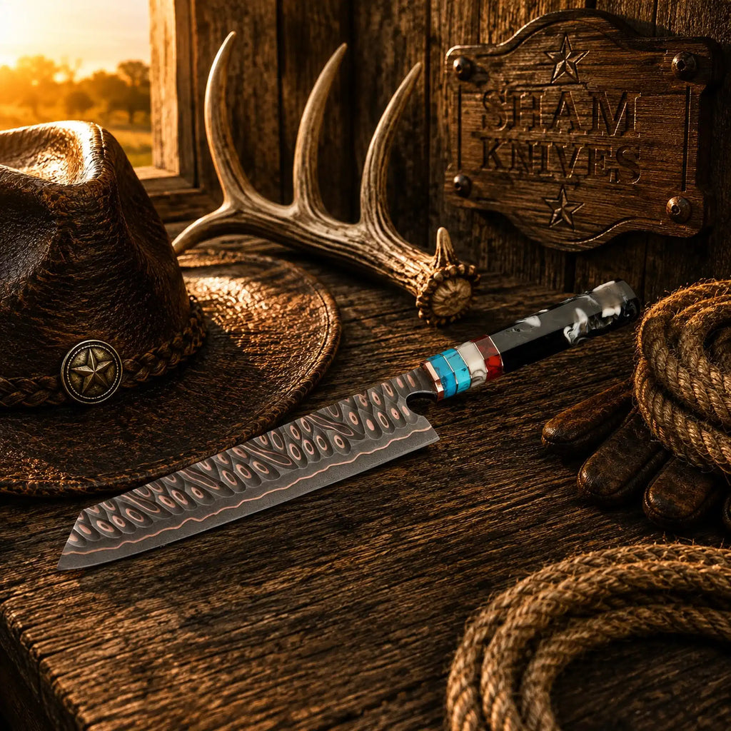 13″ Cu-Mai Copper Damascus Chef Knife with Octagonal Resin Handle - Relic & Reel