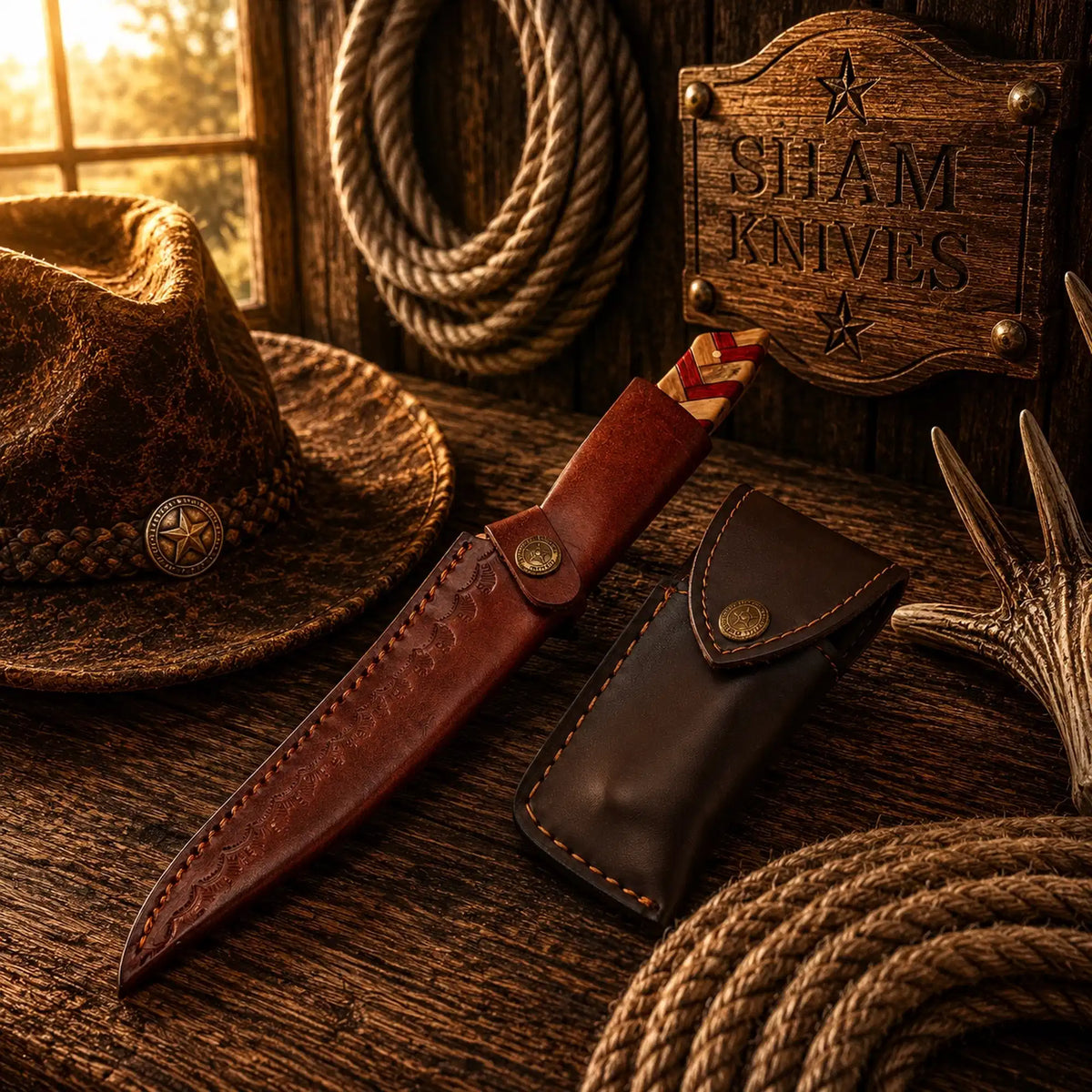Damascus steel fillet knife with leather sheath - SHAM KNIVES | Relic & Reel