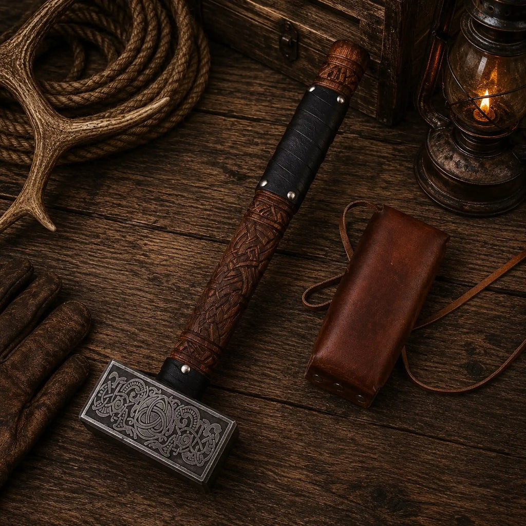 13″ Valknut Viking Battle Hammer – Rosewood & Leather Cover