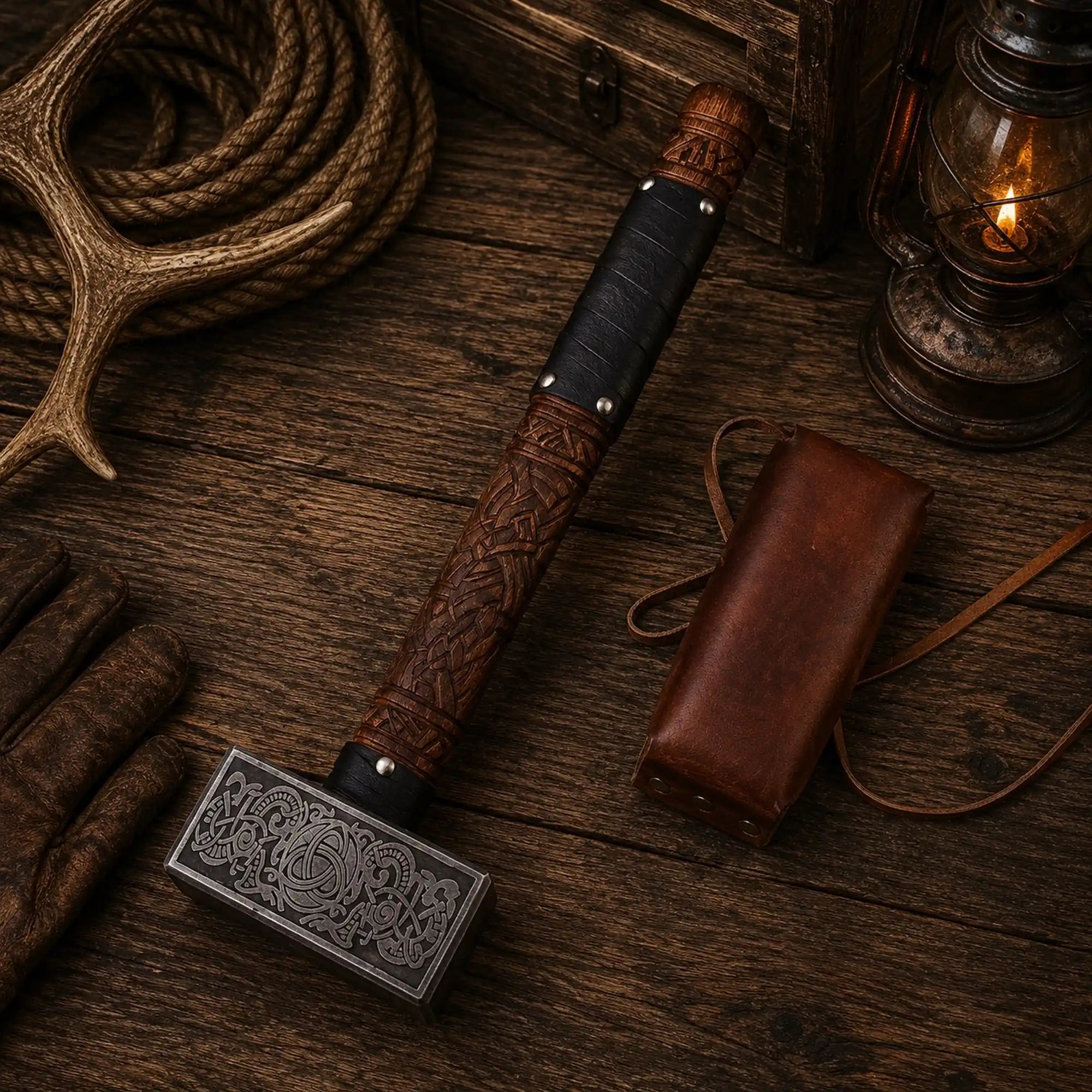 13″ Valknut Viking Battle Hammer – Rosewood & Leather Cover