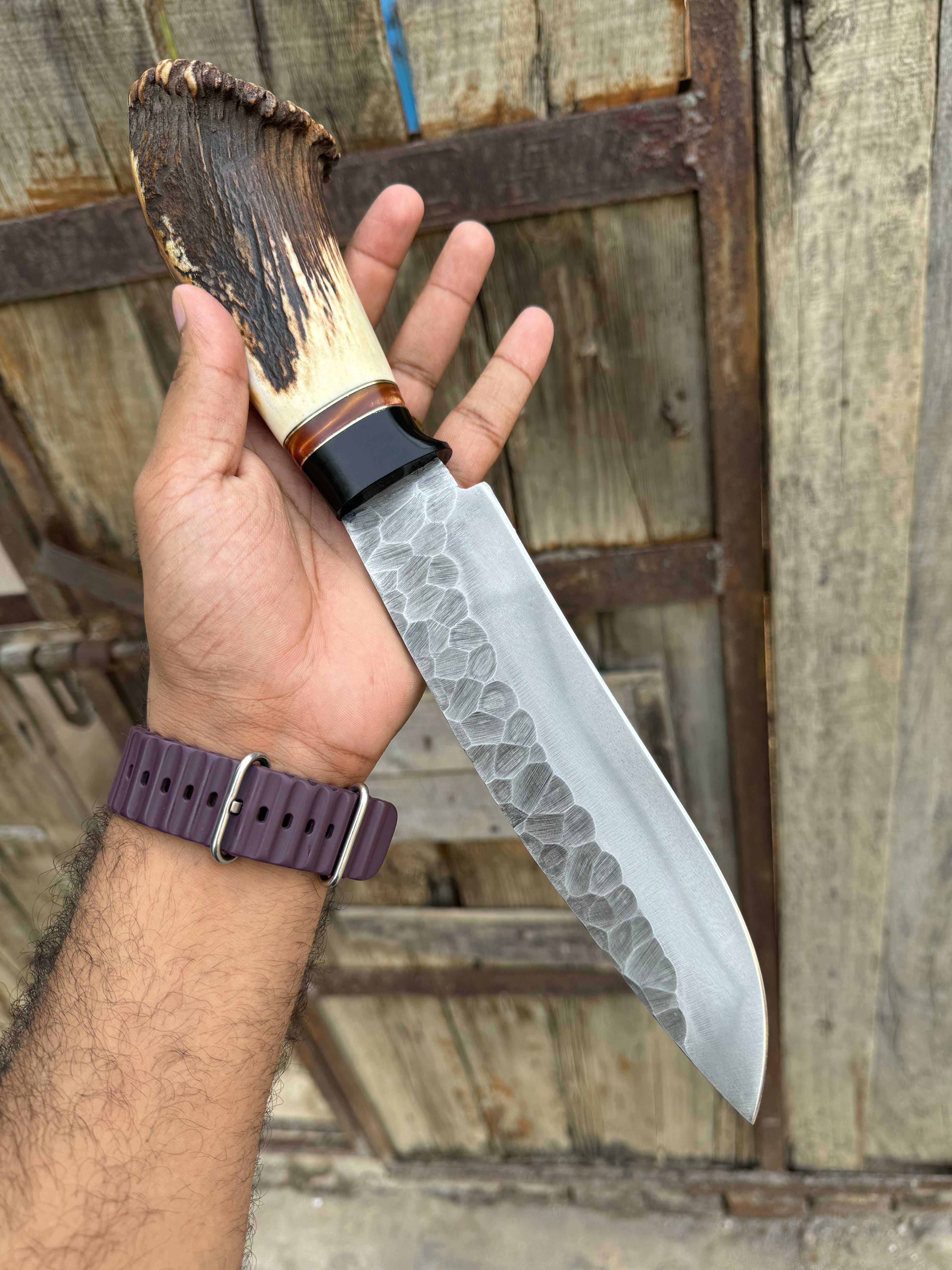 Custom Handmade 13" D2 Steel Bowie Knife with Stag Crown Handle and Leather Sheath