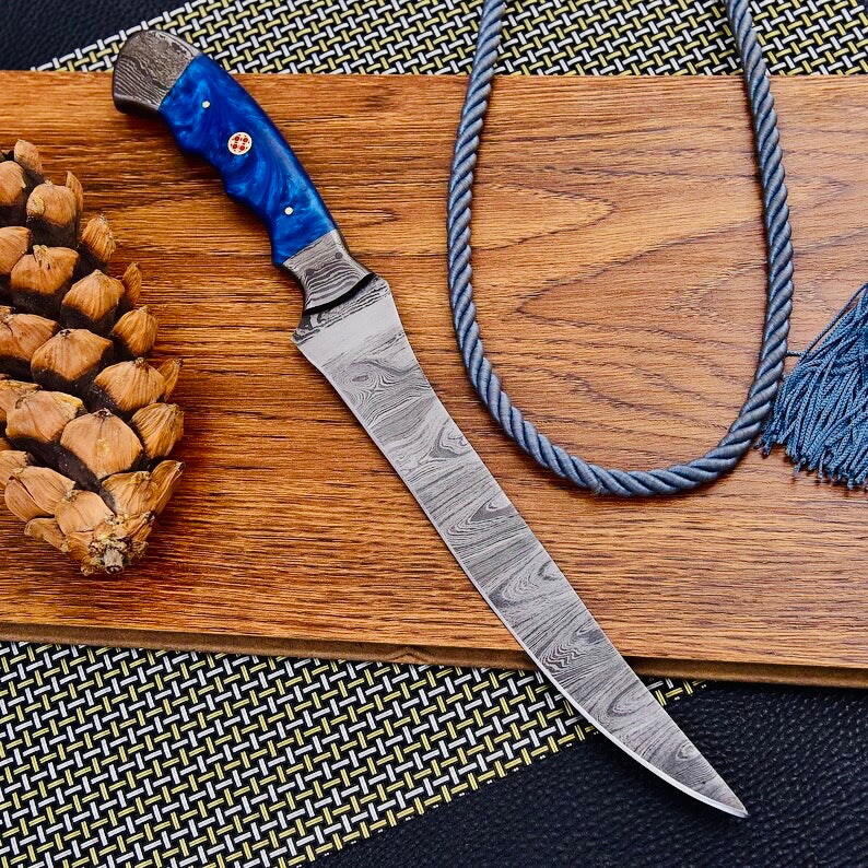 Custom Handmade Damascus Steel Fishing Fillet Knife - 13" with Resin Handle and Damascus Steel Bolster