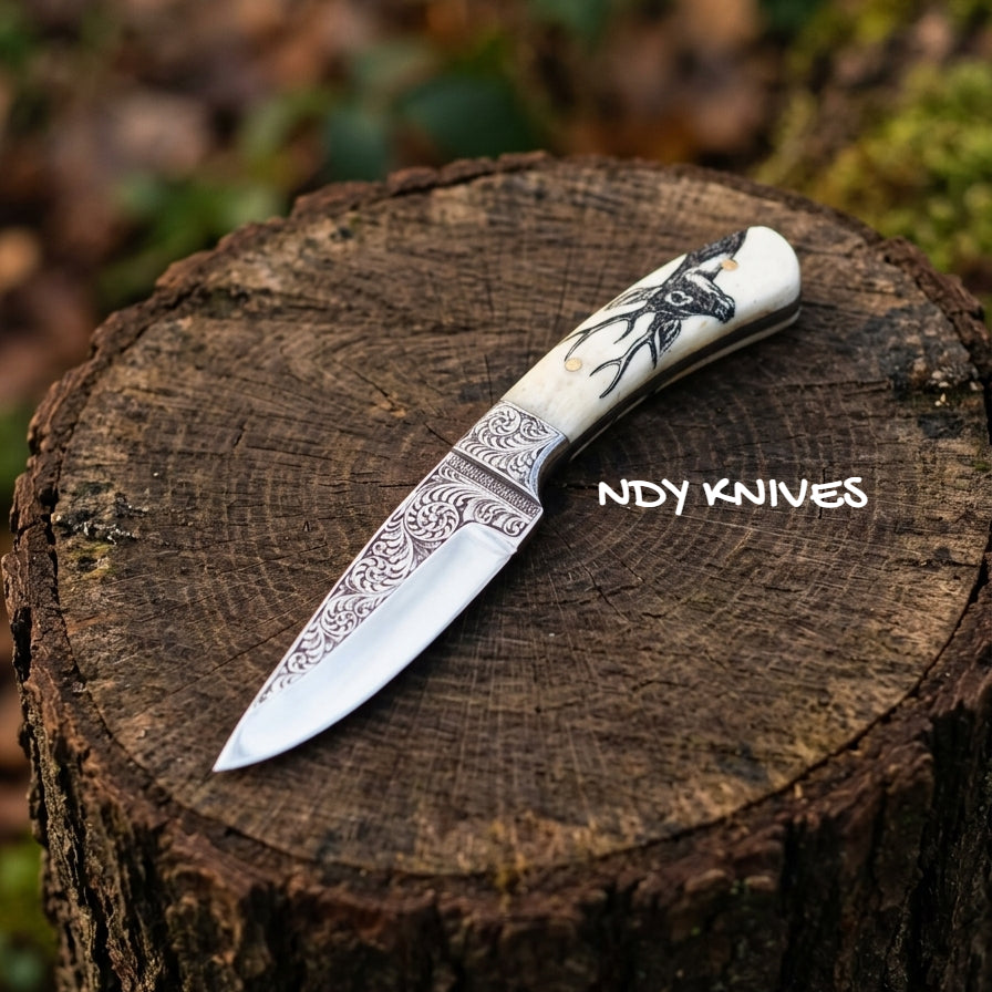 8" J2 Stainless Skinner Knife – Scrimshaw Stag Bone Handle