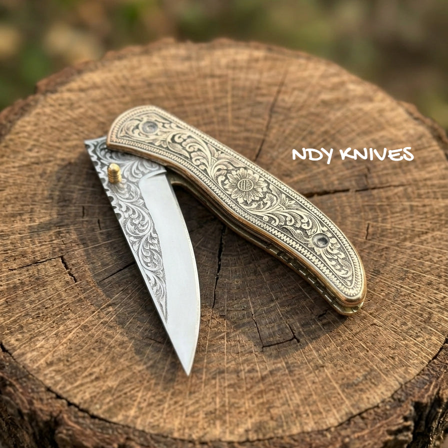 3.75" J2 Stainless Steel Folding Knife – Engraved Brass Folder