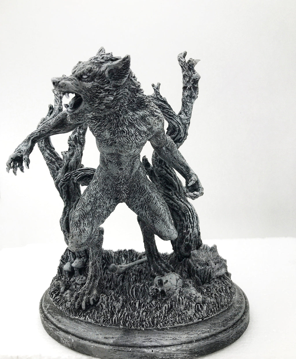 Werewolf Statue, Hand Painted Grayscale Resin Sculpture | Gothic Halloween Legendary Monster Figurine | Dark Art for Spooky Home Decor
