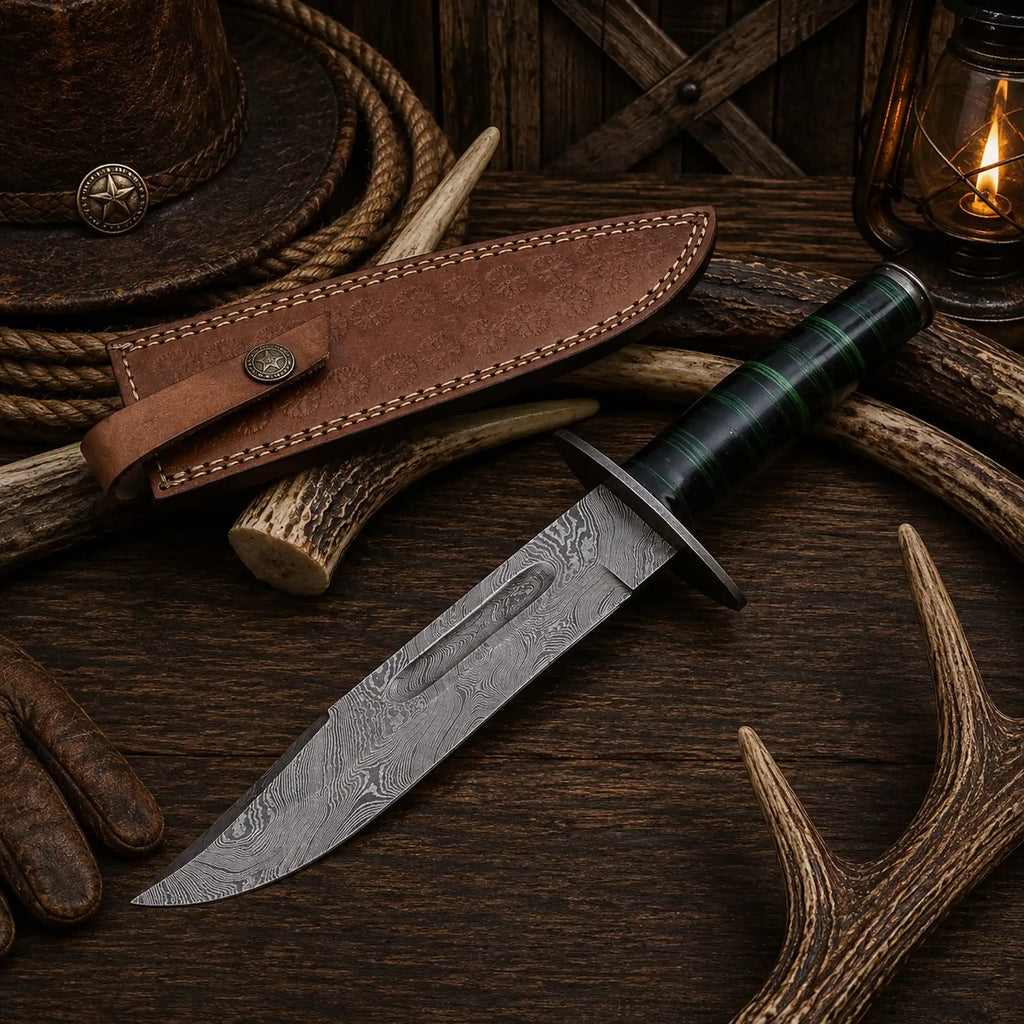 Western Trailmaster Bowie Knife – Damascus Steel, Exotic Wood Handle & Leather Sheath