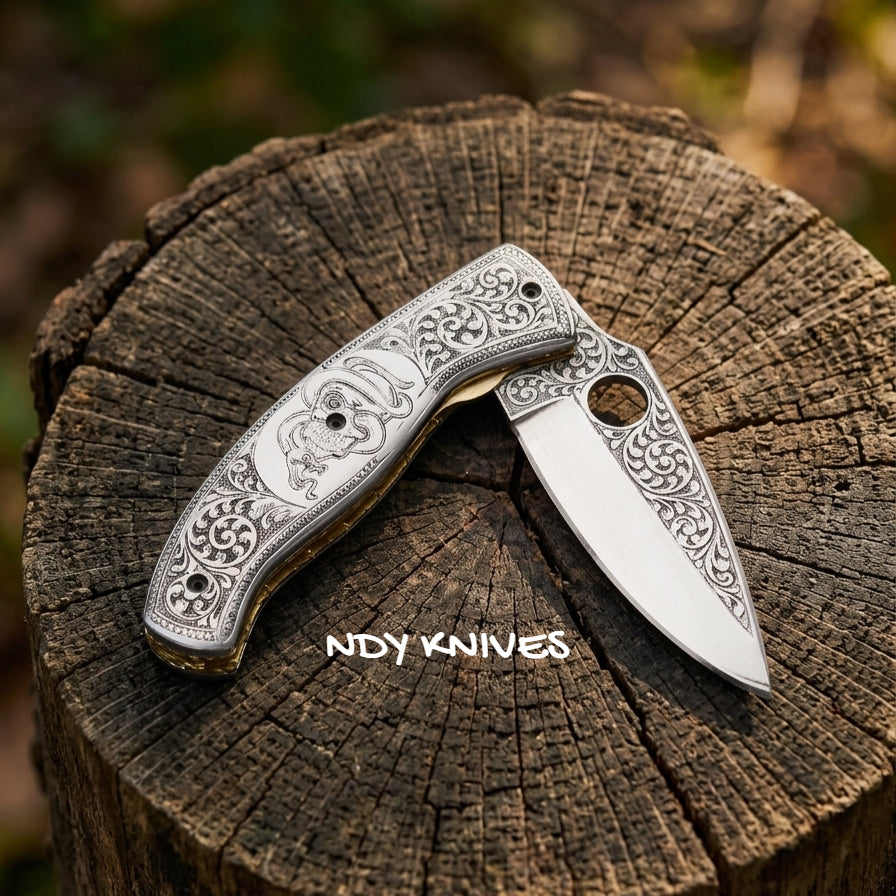 3.5" J2 Stainless Steel Folding Knife – Engraved Serpent Folder