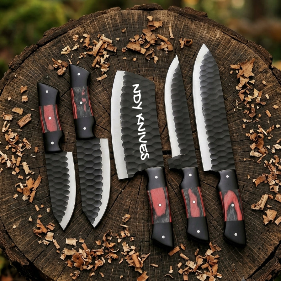 5-Piece D2 Steel Kitchen Knife Set – Hammered Resin Pakkawood Set
