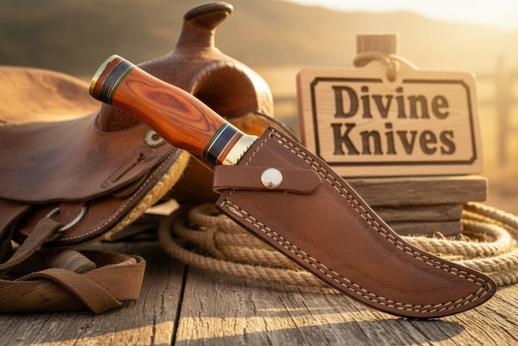 Multi Color Wood Damascus Knife with Brass Bolster Detailing