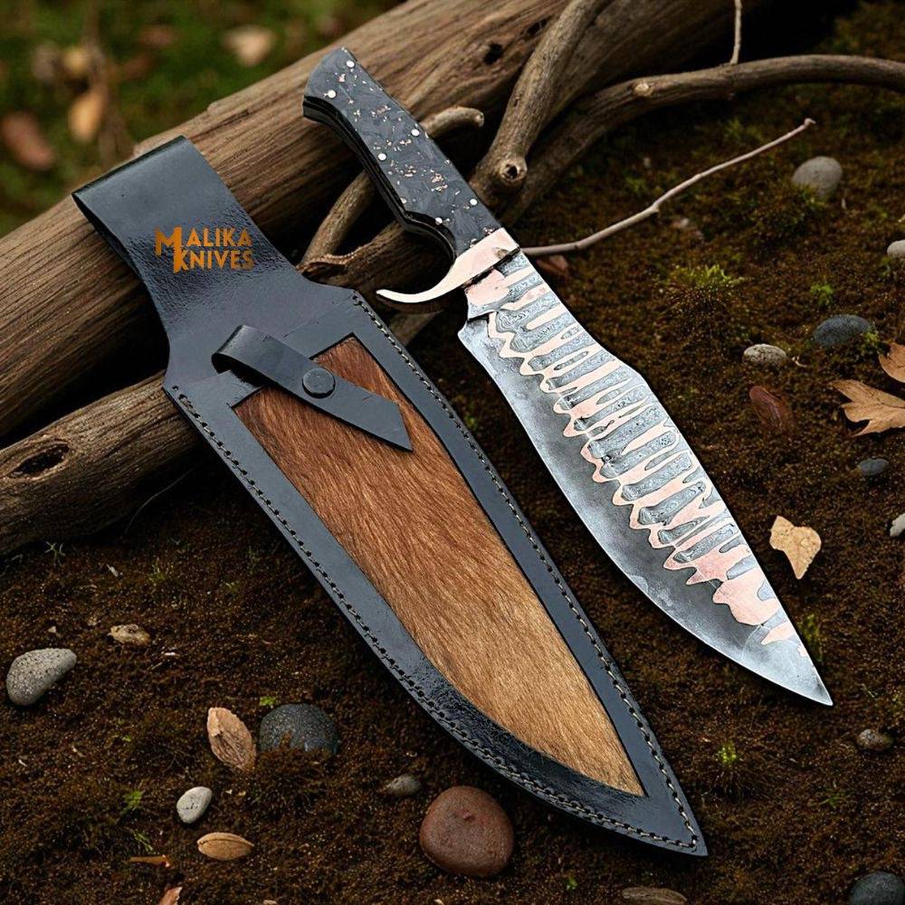Copper Damascus Bowie knife with carbon fiber handle by Malika Knives, showcasing a detailed, textured blade and sleek handle design.